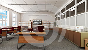 Classroom with table, chairs, panel and school cabinet.