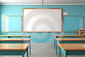 a classroom with tables and many empty whiteboards on the walls