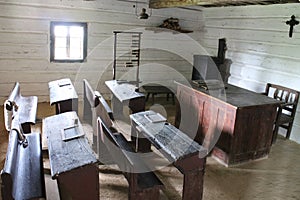 Classroom with teacherÂ´s desk in open-air folk museum in Uzhhorod