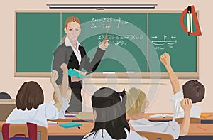At classroom the teacher teaches math photo