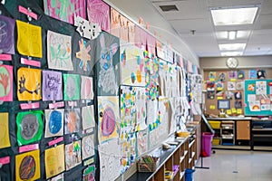 A classroom wall is covered in a multitude of colorful papers, showcasing