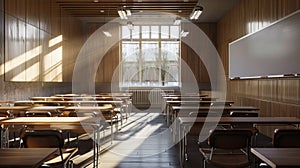 A classroom with wooden walls and desks