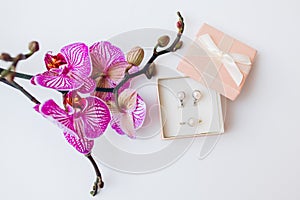 Classsic jewellery. Silver ring and earrings with pearls in gift box with purple orchid. Fashionable accessories