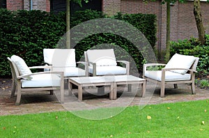 Classy elegant and modern hotel backyard lounge at Amsterdam, The Netherlands in Europe. Seats at luxury premium hotel.