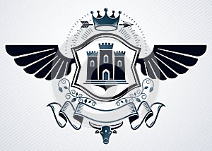 Classy emblem made with eagle wings decoration, medieval castle