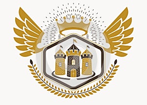 Classy emblem made with eagle wings decoration, medieval stronghold and royal crown symbol. Vector heraldic Coat of Arms.