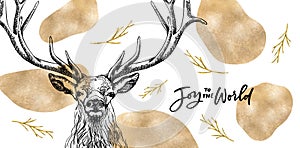 Classy Golden Christmas Card with hand-drawn majestic deer with big antlers.