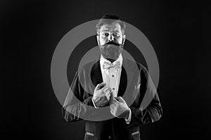 Classy is more stylish. Stylish groom black background. Bearded man in formal stylish look. Fashion and style. Prom and