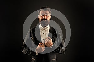 Classy is more stylish. Stylish groom black background. Bearded man in formal stylish look. Fashion and style. Prom and