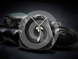 Classy silver necklace close-up on top of grey stones photo