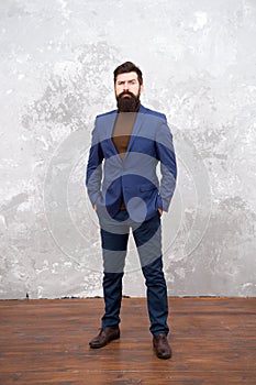 Classy style. Man bearded hipster wear classic suit outfit. Formal outfit. Take good care of suit. Elegancy and male