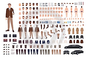 Classy stylish man in suit creation set or constructor kit. Bundle of body parts, poses, faces, emotions, formal clothes