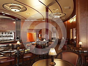 Classy upscale restaurant interior with bar.