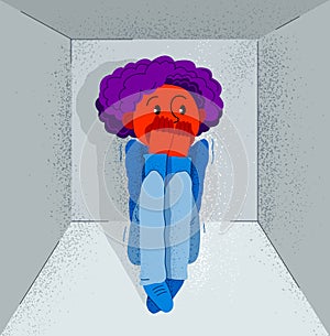 Claustrophobia fear of closed space and no escape vector illustration, boy is closed in small room space and scared in panic