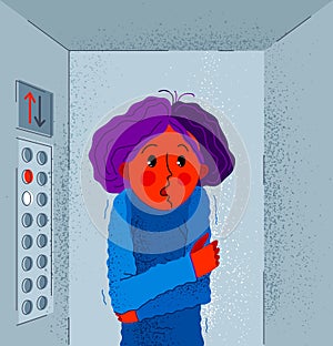 Claustrophobia fear of closed space and no escape vector illustration, girl is closed in elevator