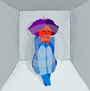 Claustrophobia fear of closed space and no escape vector illustration, girl is closed in small room space and scared in panic