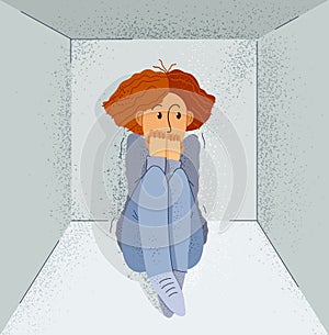 Claustrophobia fear of closed space and no escape vector illustration, girl is closed in small room space and scared in panic