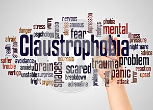 Claustrophobia fear of confined spaces word cloud and hand with marker concept