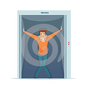 Claustrophobia. Frightened man in elevator, fear of confined space. Mental phobia vector illustration