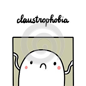 Claustrophobia hand drawn illustration with cute marshmallow inside lift