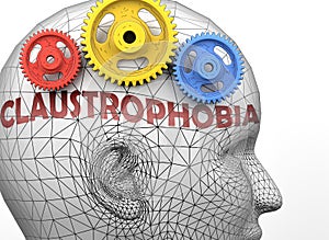Claustrophobia and human mind - pictured as word Claustrophobia inside a head to symbolize relation between Claustrophobia and the