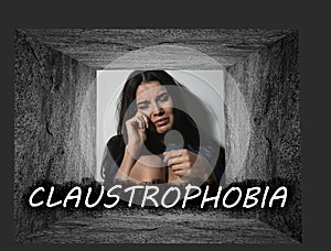 Claustrophobia. Woman feeling in closed space and crying