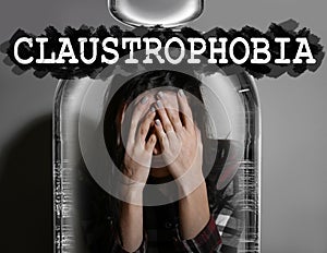 Claustrophobia. Woman feeling in closed space and crying