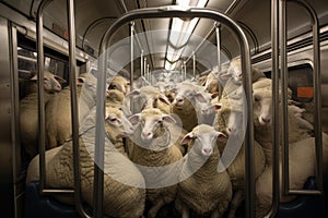 Claustrophobic Sheep crammed subway. Generate ai