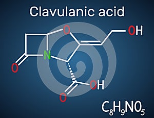 Clavulanic acid ÃÂ²-lactam drug molecule. Structural chemical formula on the dark blue background photo