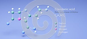 clavulanic acid molecule, molecular structures, beta-lactamase inhibitor, 3d model, Structural Chemical Formula and Atoms with