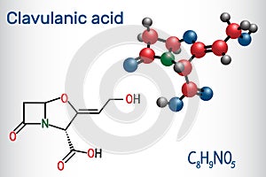 Clavulanic acid ÃÂ²-lactam drug molecule. Structural chemical formula and molecule model photo