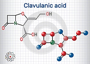 Clavulanic acid ÃÂ²-lactam drug molecule. Structural chemical formula and molecule model. Sheet of paper in a cage photo