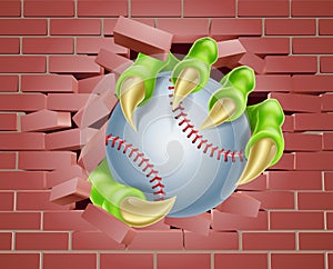 Claw with Baseball Ball Breaking Through Brick Wall