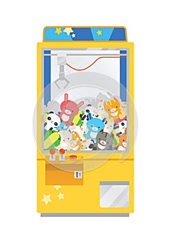 Claw crane machine or teddy picker isolated on white background. Arcade game with plush toys inside, gaming device for