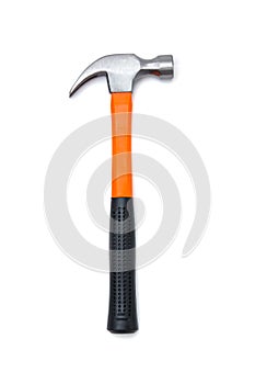 A claw hammer with black and orange handle, isolated over white background.