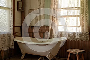 clawfoot bathtub, lace curtains, and wooden stool