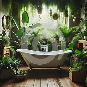 A clawfoot bathtub surrounded by plants in a nature-inspired bathroom