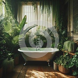 A clawfoot bathtub surrounded by plants in a nature-inspired bathroom