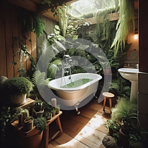 A clawfoot bathtub surrounded by plants in a nature-inspired bathroom