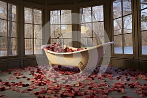 clawfoot tub with rose petals floating