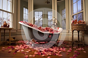 clawfoot tub with rose petals floating