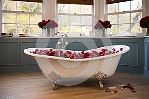 clawfoot tub with rose petals floating