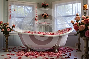 clawfoot tub with rose petals floating