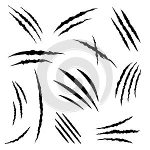 Claws scratches icons vector set. Claw marks illustration sign collection. Damaged paper tracks.