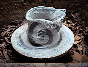 Clay billet during processing in a pottery workshop photo