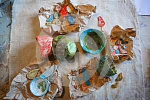 Clay blanks for children`s creativity at the master class in eco-Park. Layout on the table