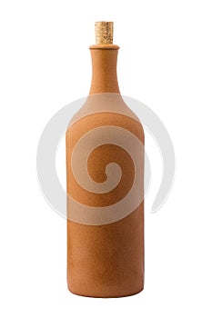 Clay bottle of wine, on white background. isolated object.