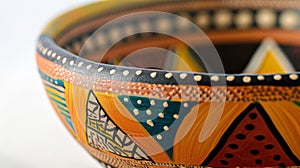 A clay bowl is meticulously handpainted with a traditional African pattern showcasing the vibrant colors and cultural