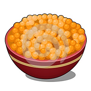 Clay bowl with red caviar isolated on white background. Vector cartoon close-up illustration.