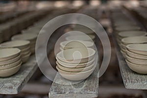 Clay bowls  waiting for burn,Clay pottery ceramics in Lampang province,